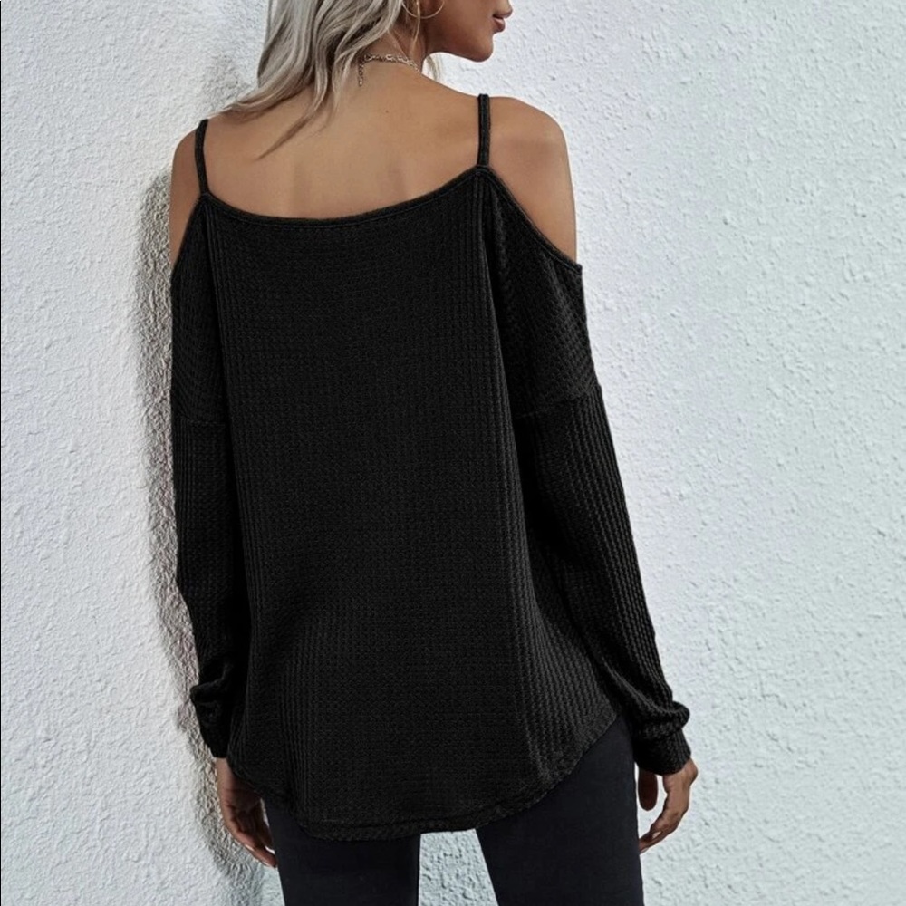 Black Waffle knit long sleeve cold shoulder top - Picture 2 of 10